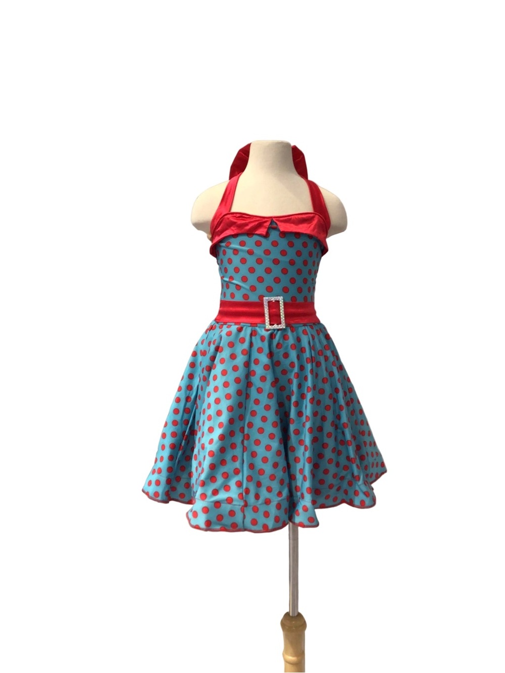 Weissman Turquoise Dress with Red Polka Dots and Red Accents